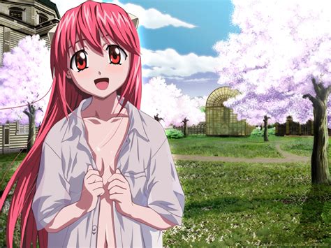 Blush Breasts Cleavage Clouds Elfen Lied Horns Long Hair