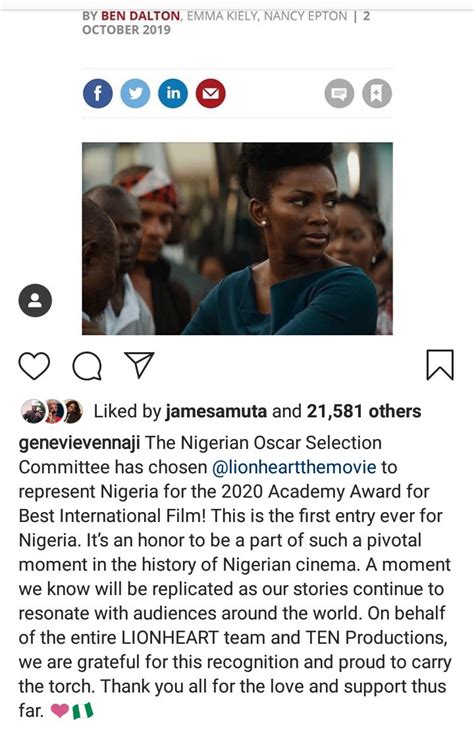 Genevieve Nnaji Reacts To Her Movie Lion Heart Submission For 2020