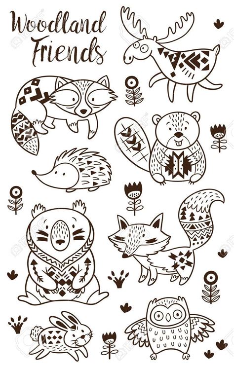 woodland animal coloring pages  kids hand drawn vector