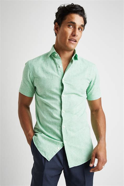 moss  tailored fit green short sleeve linen shirt