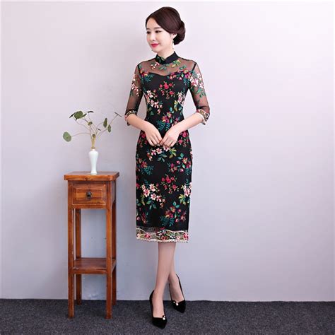 Buy Black Sexy Lace Flower Traditional Chinese Dress