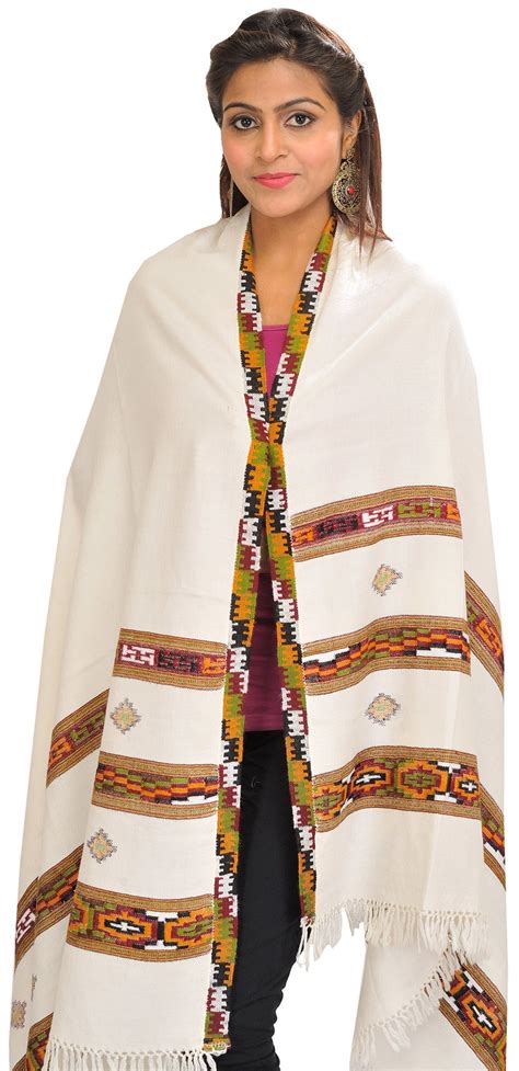 winter white shawl  kullu  triple kinauri woven border exotic