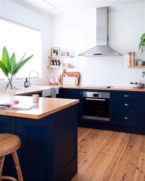 blue kitchen cabinets  wood countertops chaima kitchen ideas