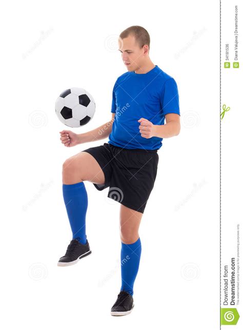 Soccer Player In Blue Uniform Playing With Ball Isolated