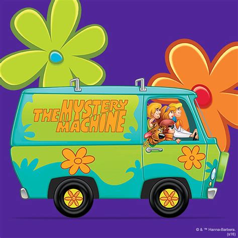 the mystery machine van with an orange flower on it s head and another