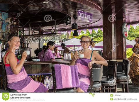 Bali Indonesia May 5 2017 Two Women Drinking Coffe