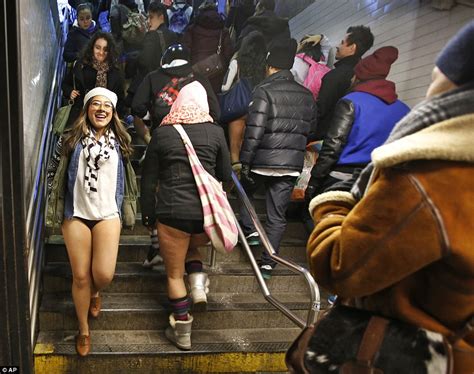 subway riders in new york join thousands to celebrate no pants subway ride daily mail online
