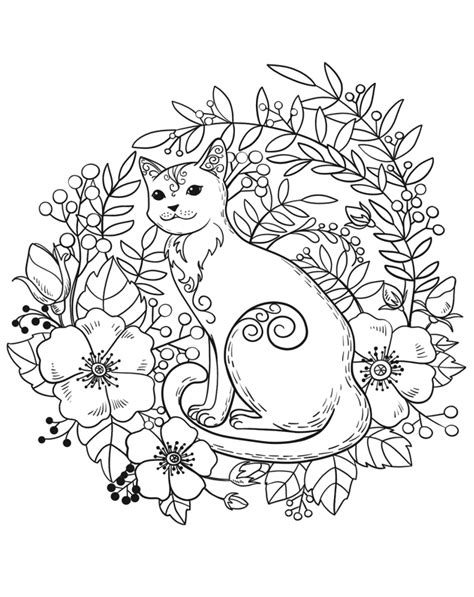 cat  flowers coloring page  printable coloring pages  kids