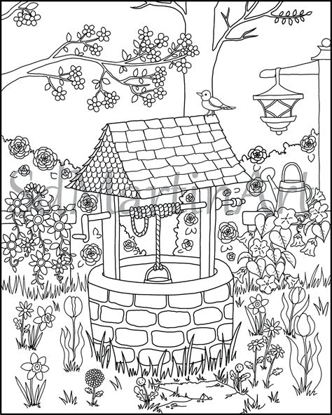 flower garden wishing  printable adult coloring book page