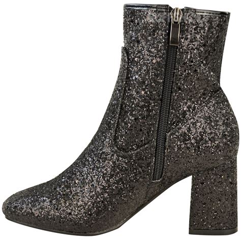 womens ladies glitter chunky block  heel ankle boots chelsea party shoes size ebay