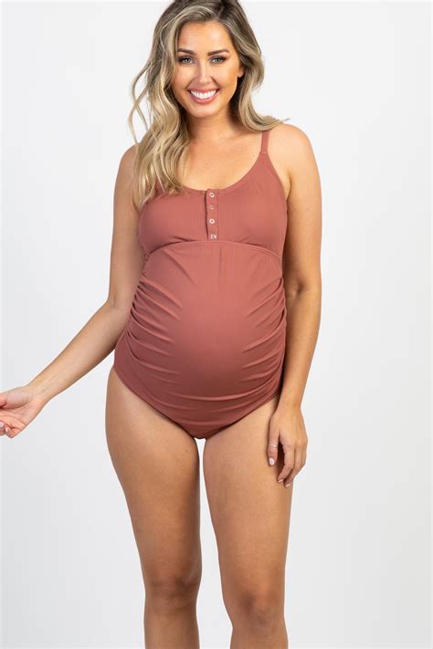 Pinkblush Mauve Ribbed Snap Front One Piece Maternity Swimsuit
