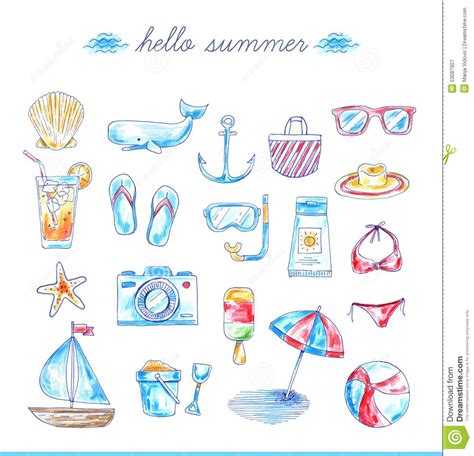 set of bright hand drawn beach icons stock vector image 53087907