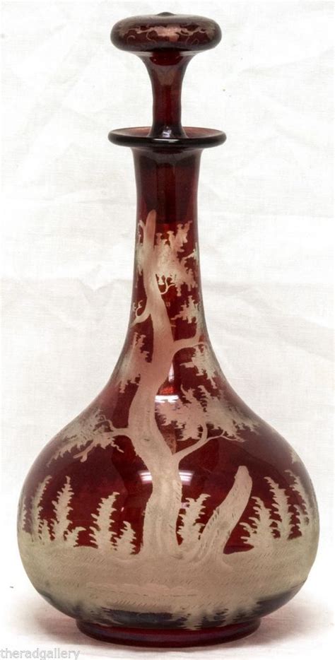 Antique Decanter Ruby Red Bohemian Glass With Etched Deer Hunting Motif