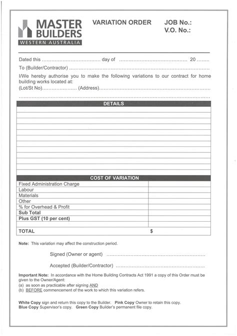 sample variation order form pad cost  building contract template