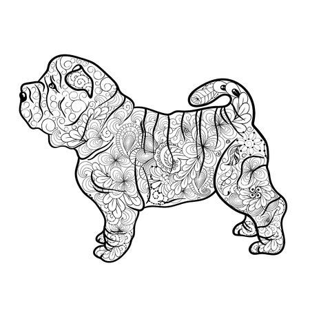 illustration shar pei dog  created  doodling style  black