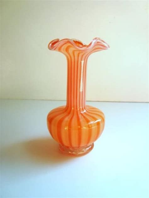 Vintage Hand Blown Glass Vase In Orange And White Swirled
