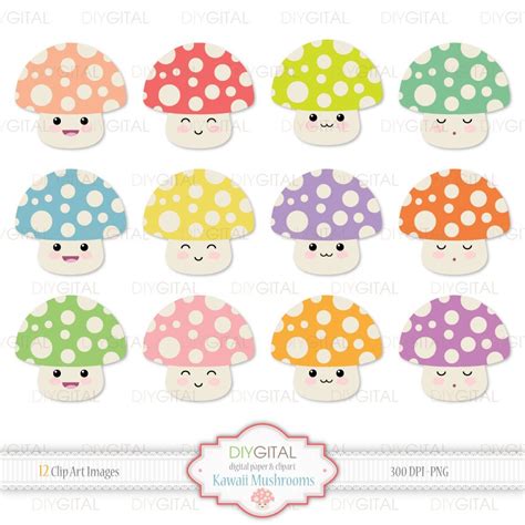 kawaii mushrooms clip art set  colorful kawaii mushrooms