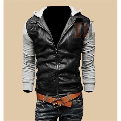 Buy Mens Black Grey Slim Fit Stylish Leather Jacket With Hood