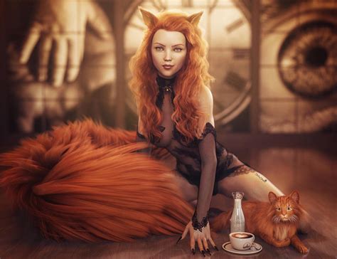 red head cat girl pin up fantasy woman art iray by