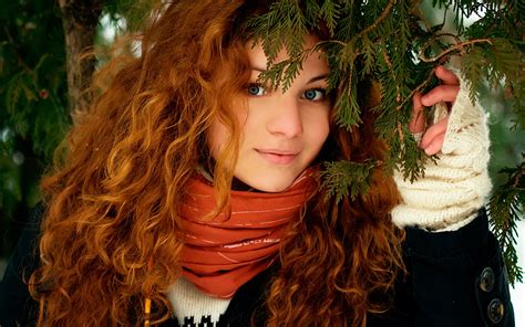 Women Redhead Long Hair Wavy Hair Model Smiling Women Outdoors Trees