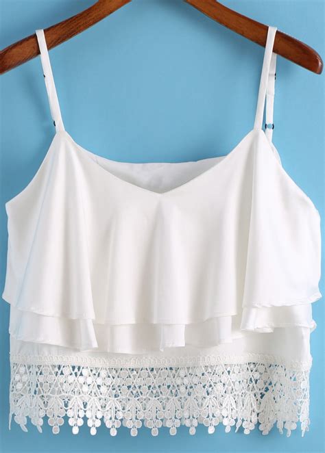 White Spaghetti Strap Lace Crop Cami Top Shein Sheinside