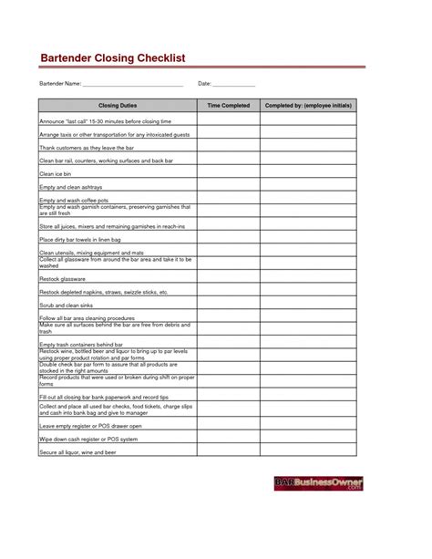 restaurant side work checklist template addictionary