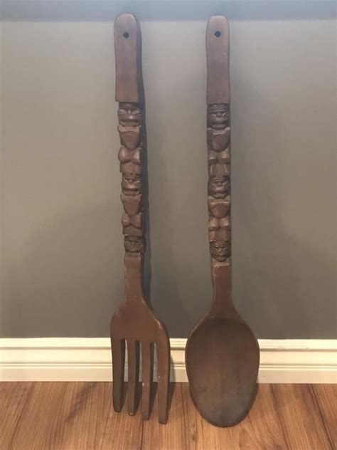 vintage giant wooden tiki spoon and fork wall hanging etsy hanging