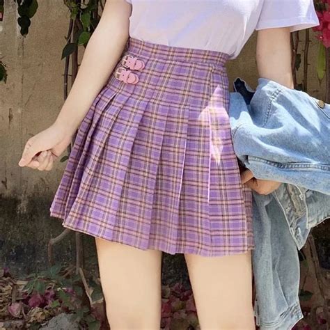 Harajuku Plaid Buckle High Waist Purple Pleated Skirt Sf