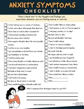 anxiety symptoms checklist worksheet teens adolescent worry anxiety