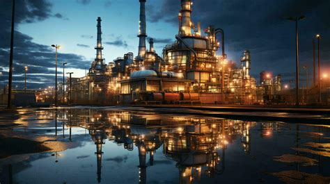 industrial oil refinery petrochemical chemical plant  equipment  tall pipes  night ai