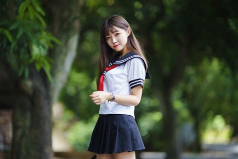 wallpaper model asian sailor uniform schoolgirl skirt brunette depth of field looking