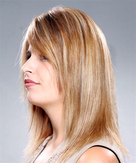 Long Straight Dark Copper Blonde Hairstyle With Side Swept