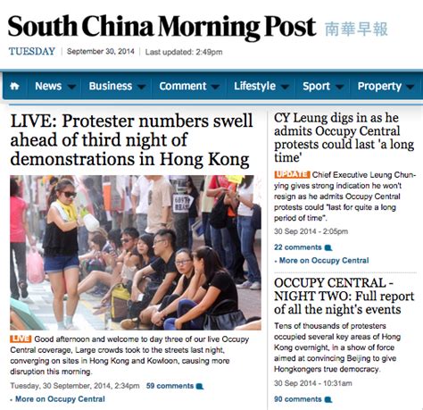 South China Morning Post Site Blocked In China Amid Blaze Of Occupy