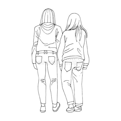 girls hold hands friendship vector outline illustration stock vector