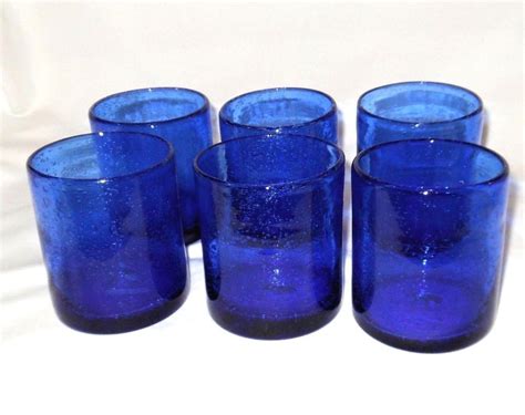 hand blown glass tumblers cobalt blue bubbles set of 6 mexico drinking