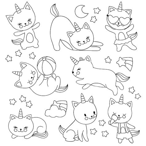 Gatos De Unicórnio Voador Bonito Mão Desenhada Personagens De Desenhos