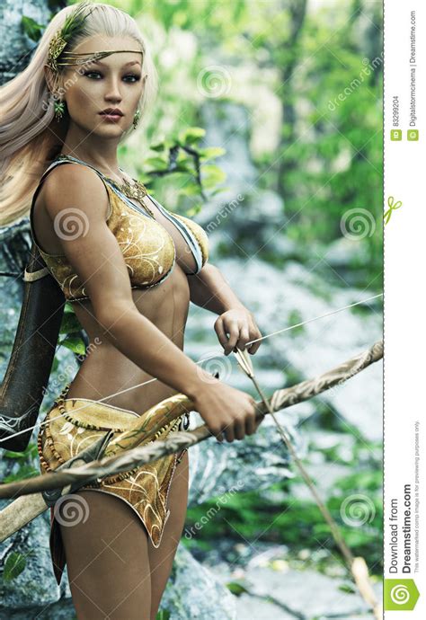 Fantasy Blonde Female Wood Elf Archer With Bow And Arrow