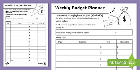 budget planner worksheet primary resources teacher