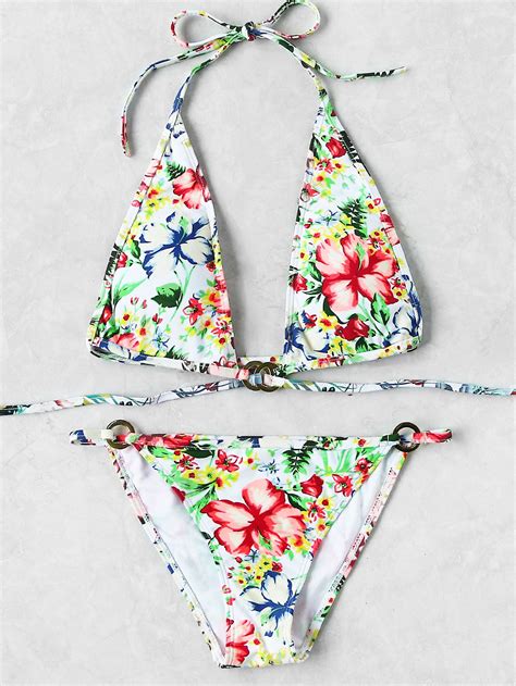 shop calico print ring detail halter bikini set online