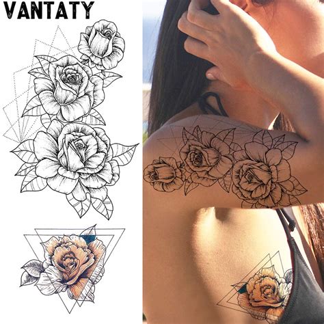 vantaty 10 sheets geometric peach daisy flower temporary tattoos for