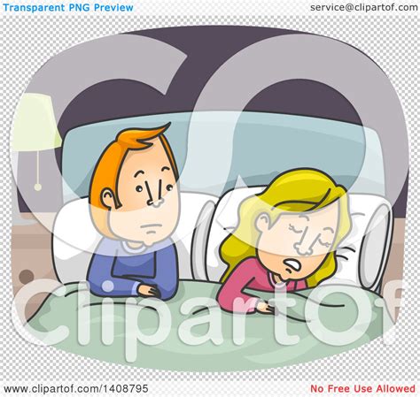 clipart of a cartoon caucasian couple in bed the woman asleep the man