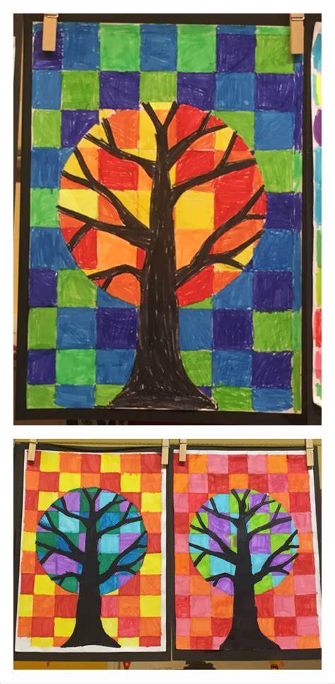 herfst winter bomen kleurvlakken warme koude kleuren basisschool groep  tekenen