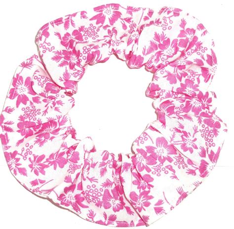 pink floral flowers cotton white fabric hair scrunchie