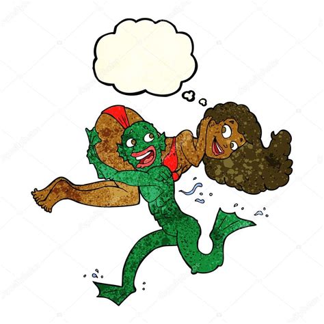 Cartoon Swamp Monster Carrying Girl In Bikini With Thought Bubbl Stock