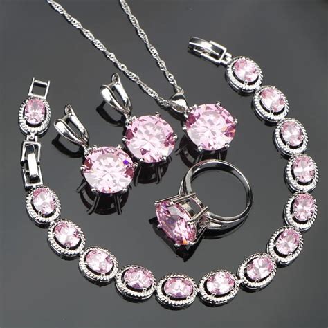 lovely pink stones silver  costume jewelry sets  women girl set  earringsringspendant