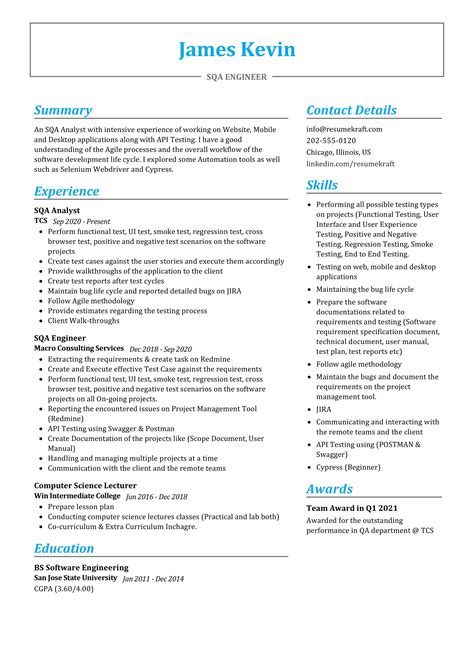sqa engineer resume sample  writing tips resumekraft  api