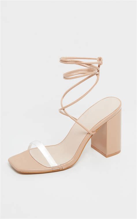 nude ankle lace  chunky block heel sandal prettylittlething usa
