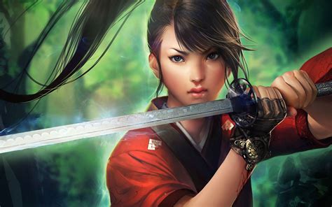 anime samurai girl sword long hair forest wallpaper