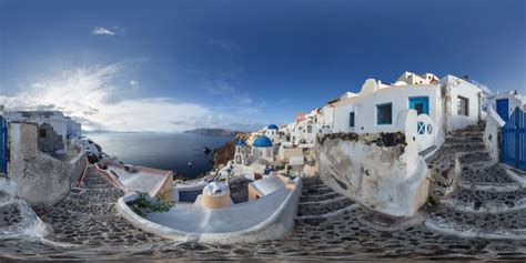 oia   island  santorini  greece   sunny morning  degree view stock photo