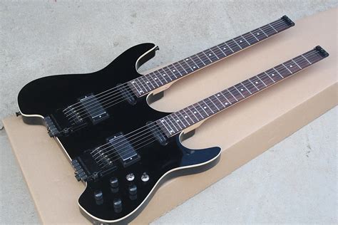 headless black double neck electric guitar  black hardwarestremolowhite binding frets